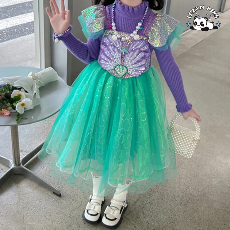 LEZONKIDS - High Quality Wholesale Sequin Mesh Dress Small Flying Sleeves Luminous Birthday Girls Dress